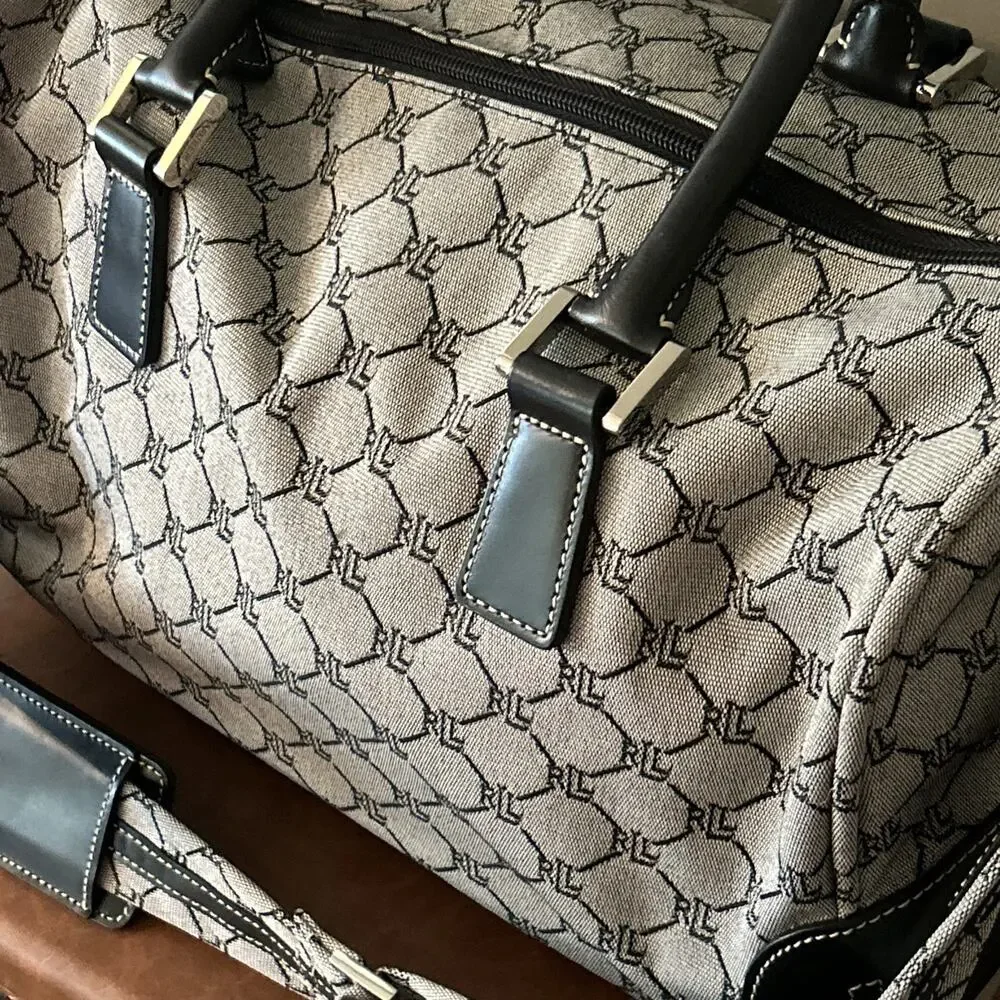 Vtg Lauren Ralph Lauren Monogram Duffle Travel Overnight Bag Gray Black